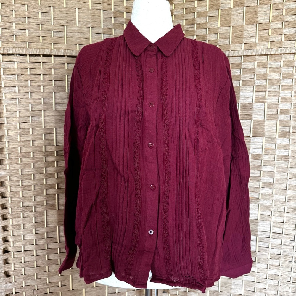 NWT merlot cotton LIV Los Angeles pinktuck blouse 1X - Picture 2 of 14